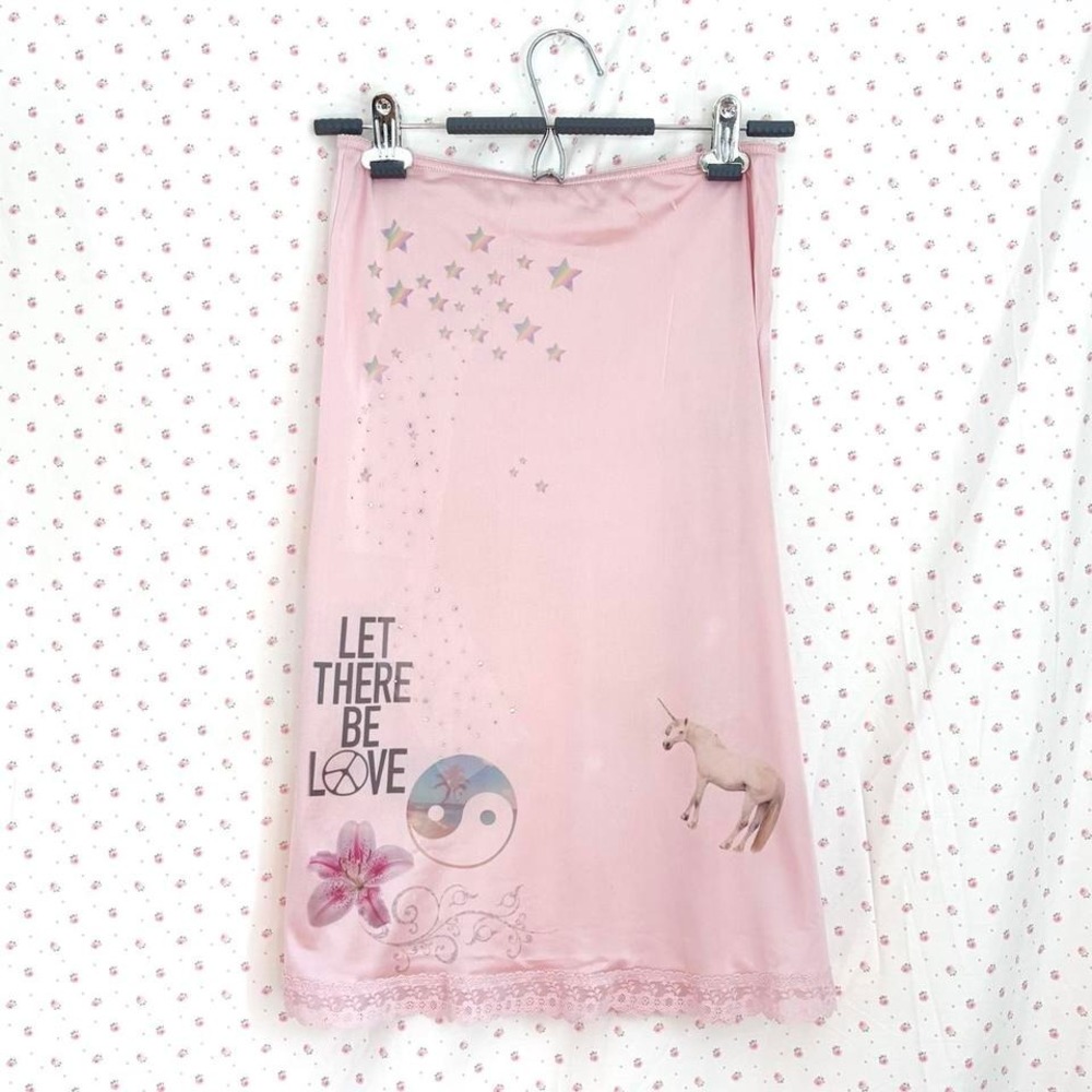 pink satin slip skirt lace trim graphic midi skirt saint pink one of one